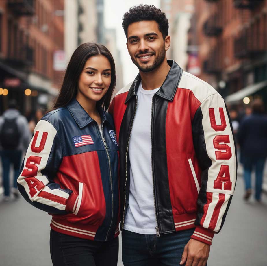 Unisex USA Patriotic Bomber Leather Jacket