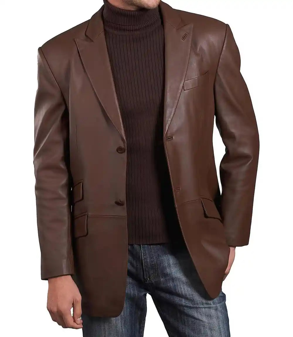 Mens Genuine Leather Brown Blazer Jacket