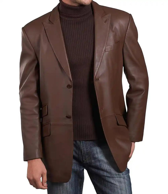 Mens Genuine Leather Brown Blazer Jacket