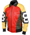 Colorful leather jacket with red, yellow, and black sections on a white background