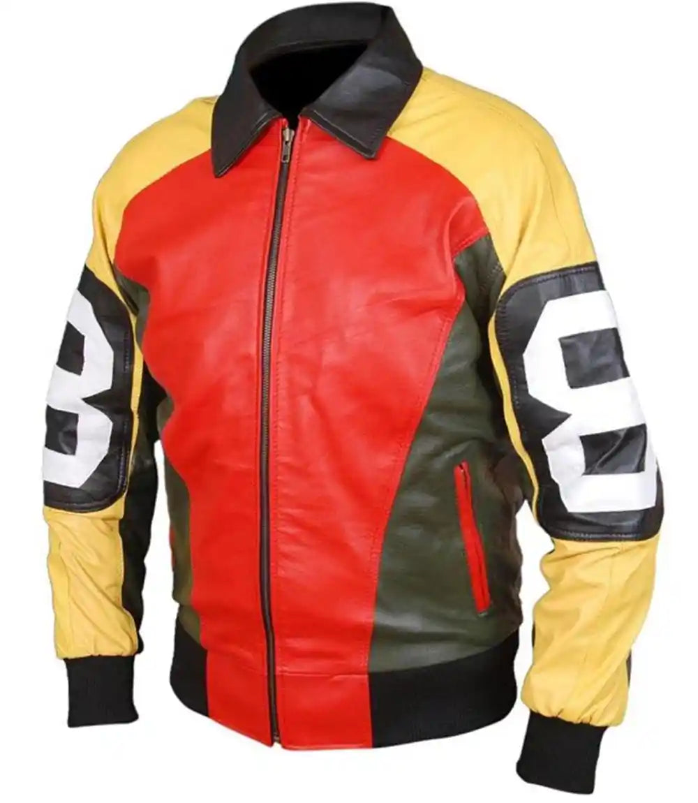 Colorful leather jacket with red, yellow, and black sections on a white background