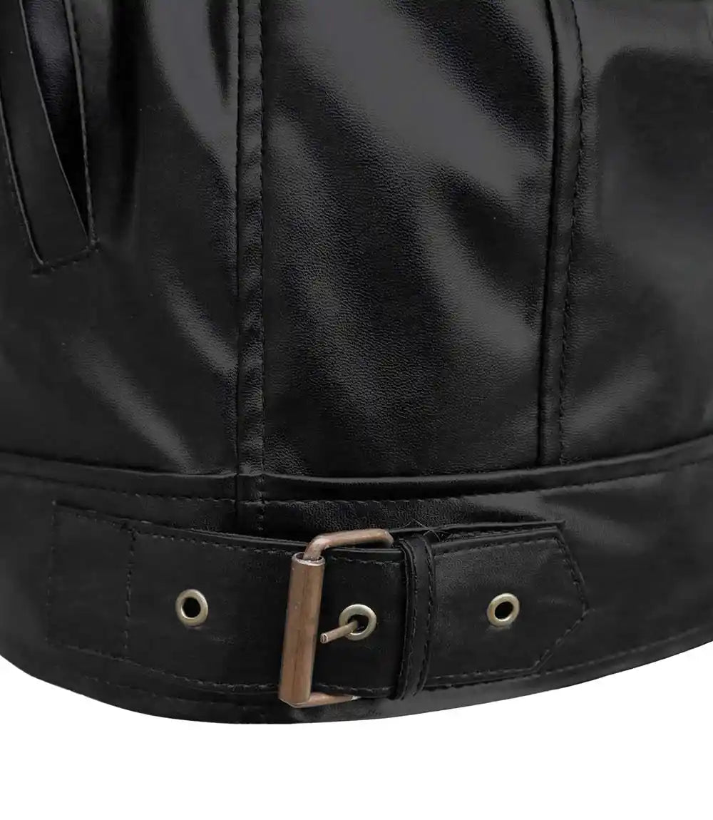 Close-up of a black leather jacket with a buckle on a white background