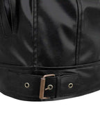 Close-up of a black leather jacket with a buckle on a white background