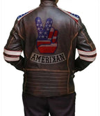 Brown Distressed Moto Jacket USA Flag

