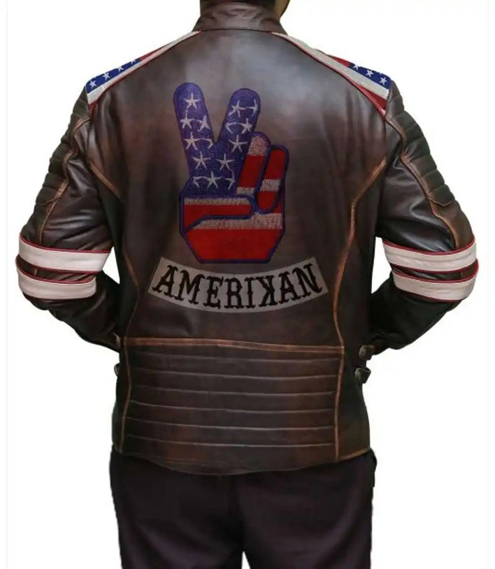 Brown Distressed Moto Jacket USA Flag

