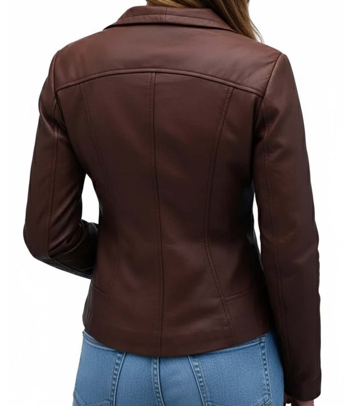 Womens Drape Collar Lyla Brown Leather Jacket