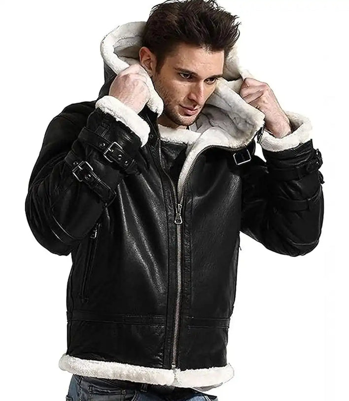 Mens Aviator Black Leather Jacket With Hood
