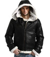 Mens Aviator Black Leather Jacket With Hood