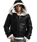 Mens Aviator Black Leather Jacket With Hood