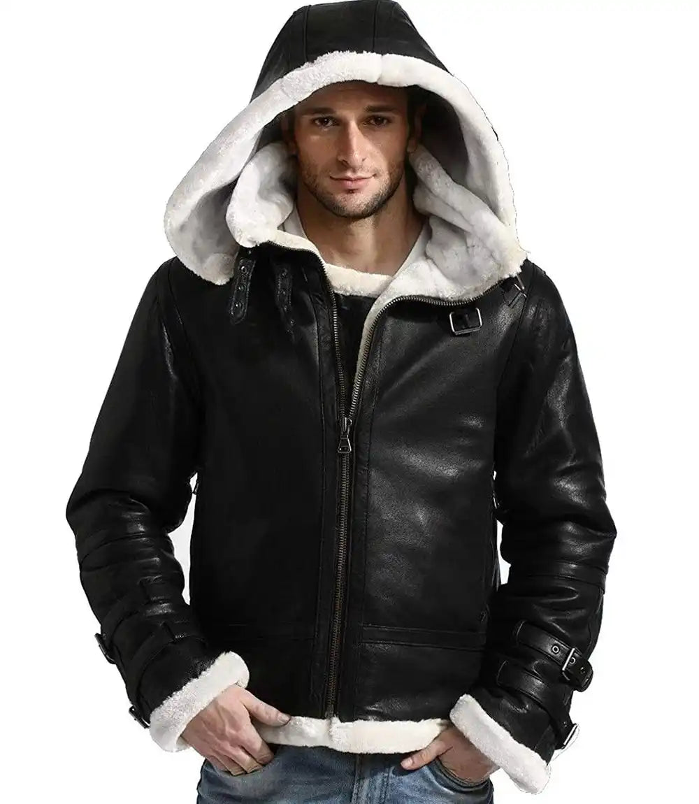 Mens Aviator Black Leather Jacket With Hood