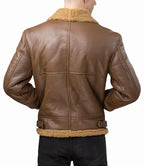 Brown leather jacket with beige fur lining on a white background