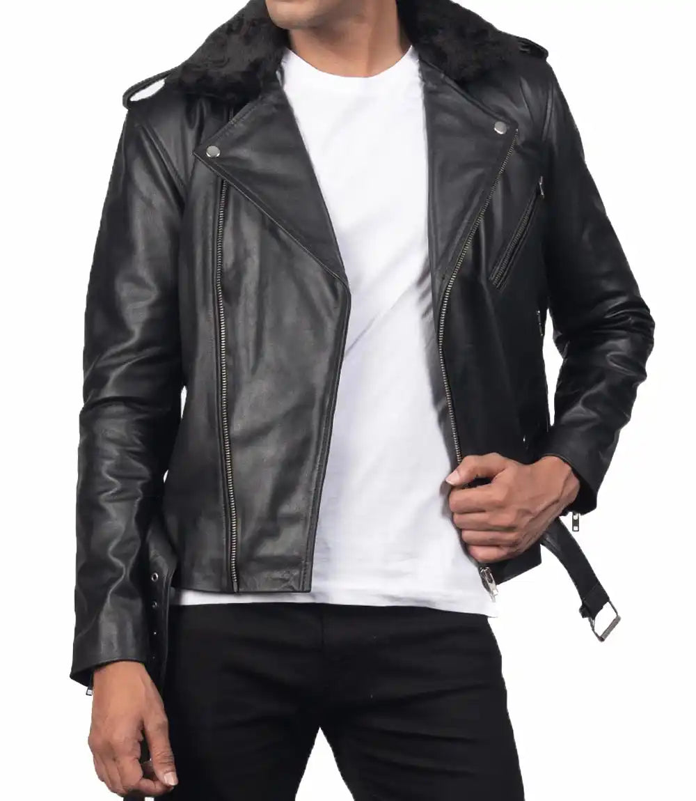 Mens Fur Collar Modern Streetwear Biker Leather Jacket
