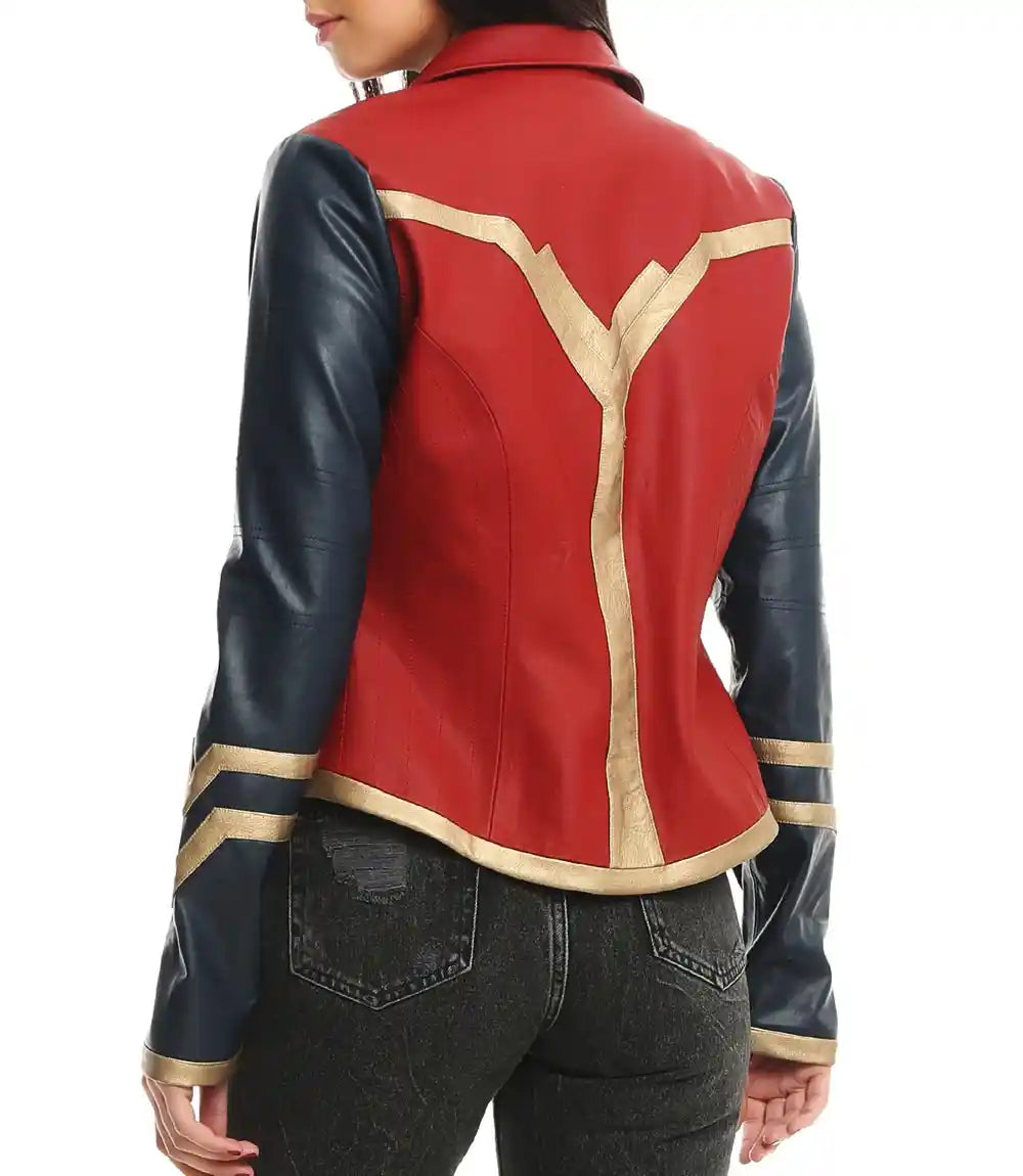 Red and black jacket with a prominent yellow 'V' design on a white background