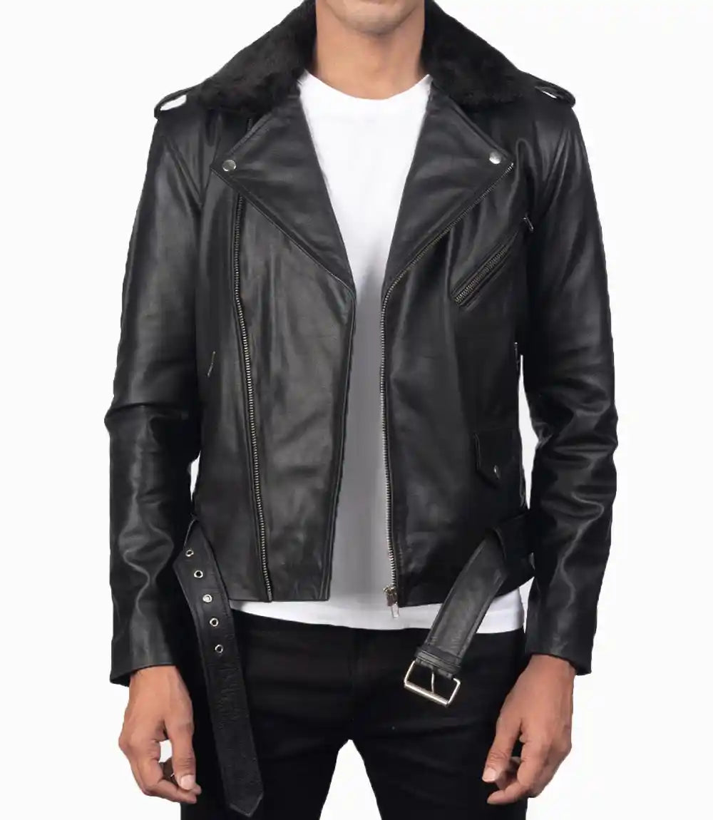 Mens Fur Collar Modern Streetwear Biker Leather Jacket