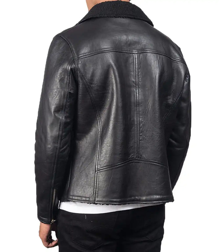 Mens Black Sheepskin Shearling Biker Leather Jacket