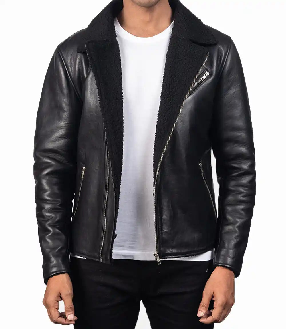 Mens Black Sheepskin Shearling Biker Leather Jacket