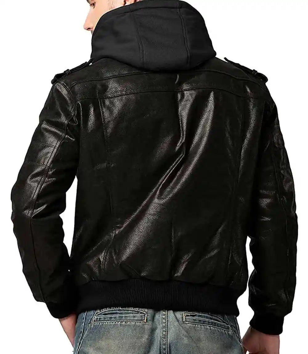 Leather Hooded Mens Jacket