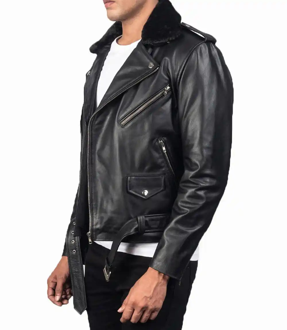 Mens Fur Collar Modern Streetwear Biker Leather Jacket