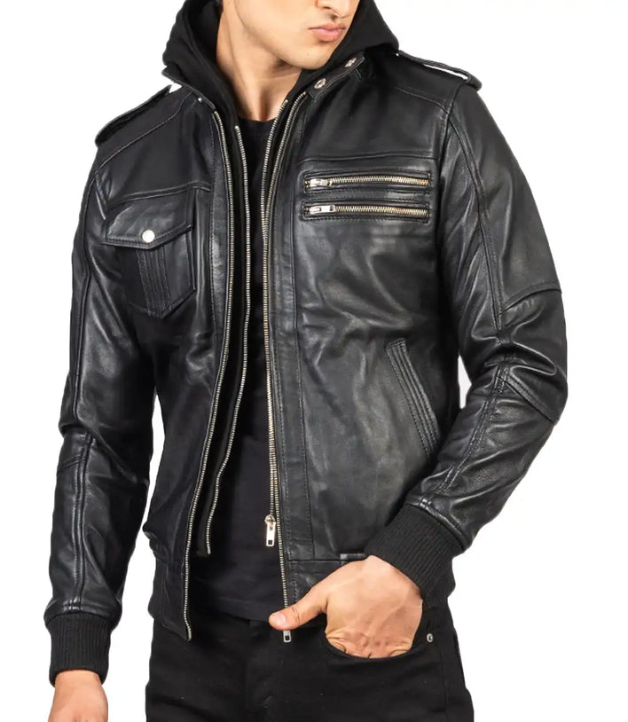 Black leather jacket with zippers on a white background