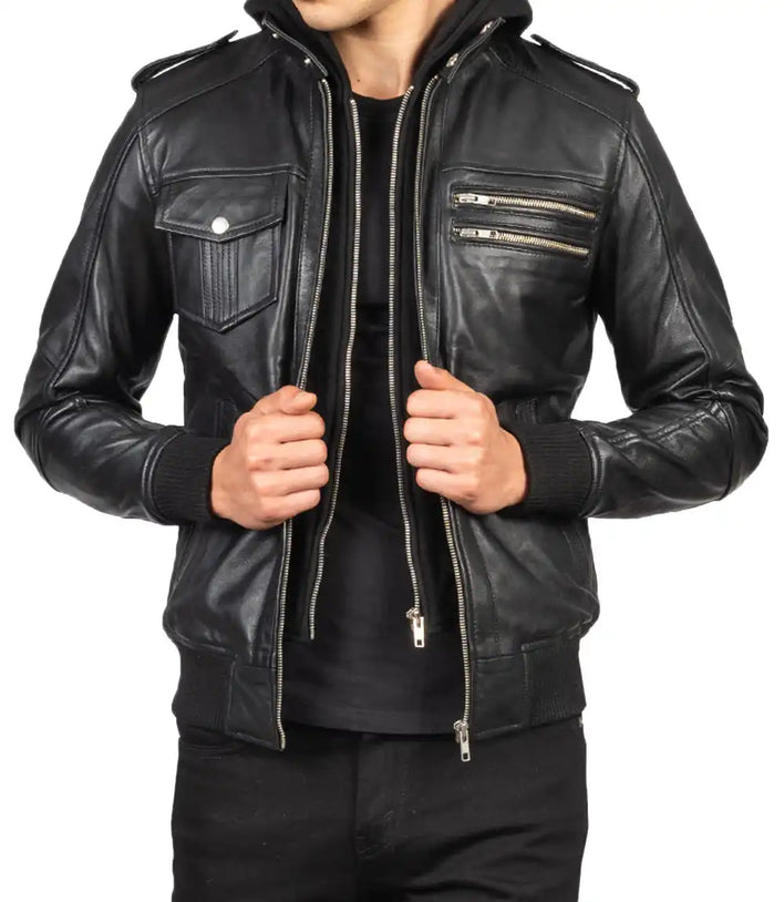 Mens Black Leather Jacket With Hood

