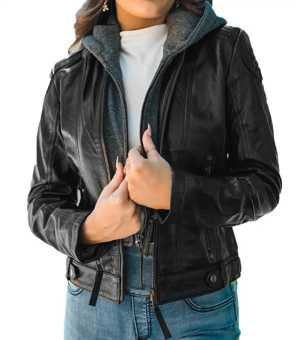 Women Hooded Leather Jacket Black