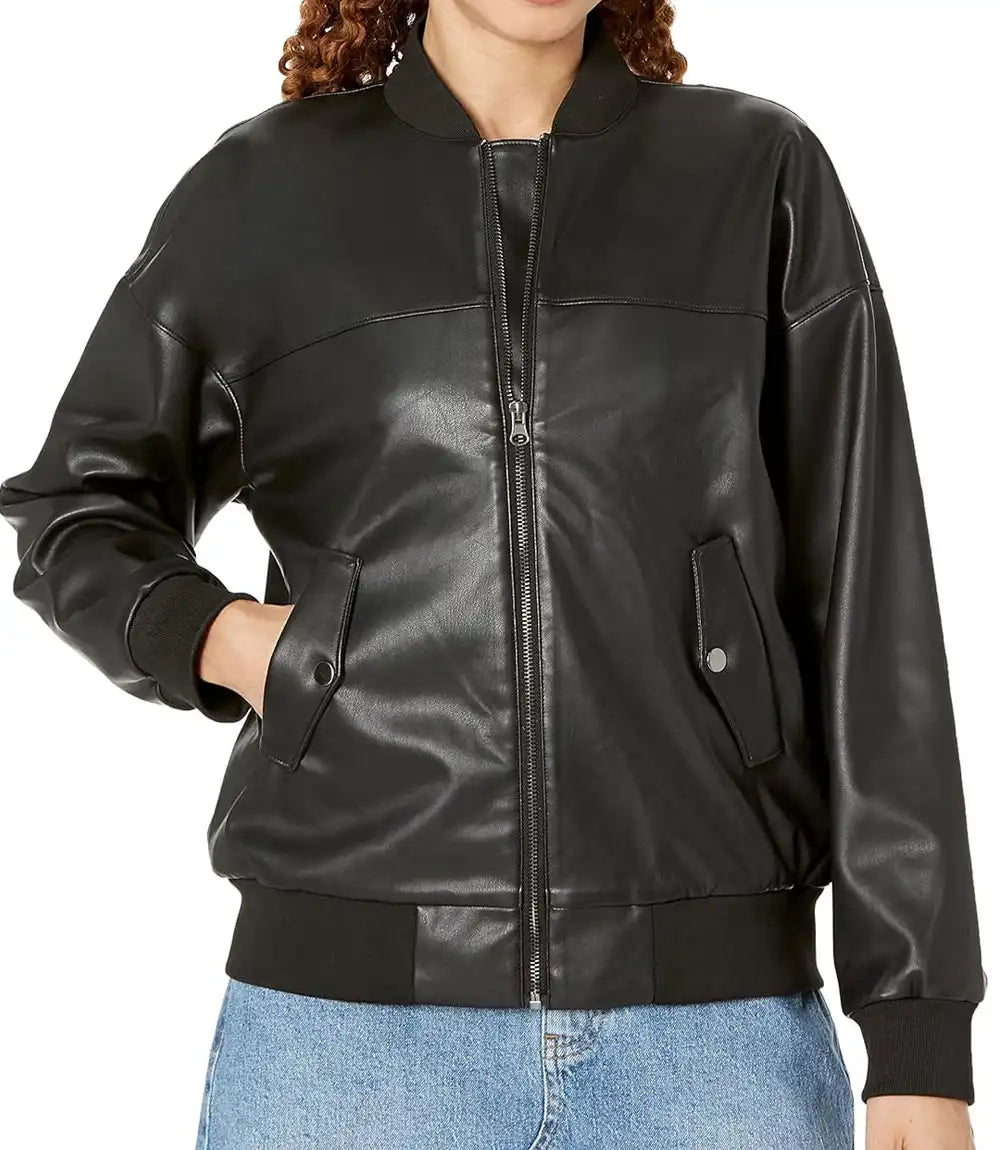Black Leather Bomber Jacket Womens

