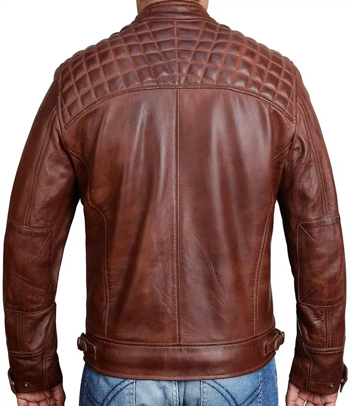 Brown leather jacket with quilted back design on a white background