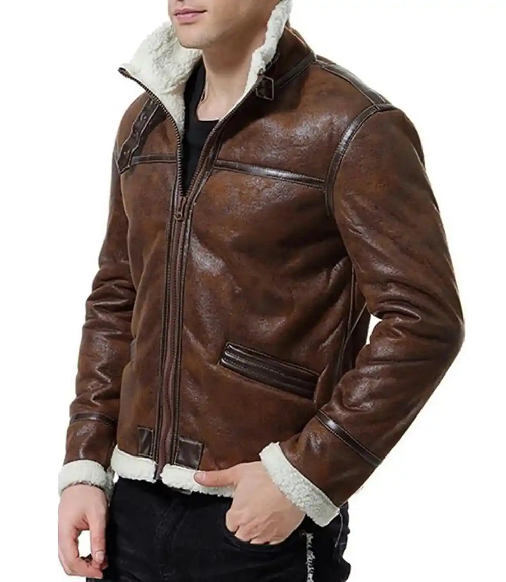 Mens Shearling Moto Brown Sherpa Leather Jacket