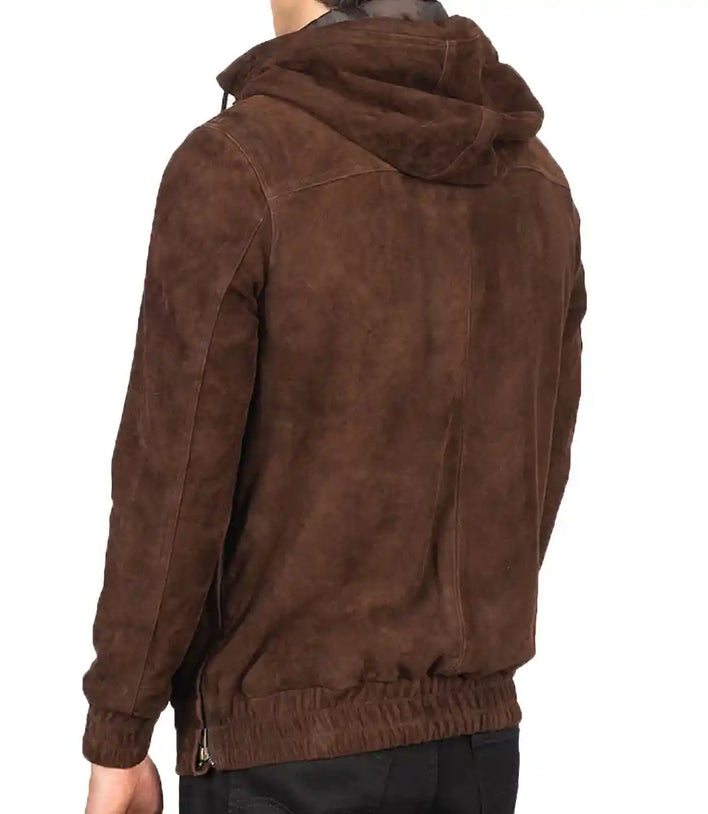 Mens Brown Suede Hooded Leather Jacket

