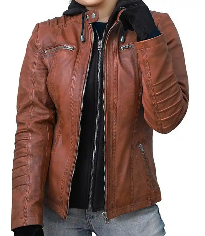 Brown Women Leather Jacket With Detachable Hood

