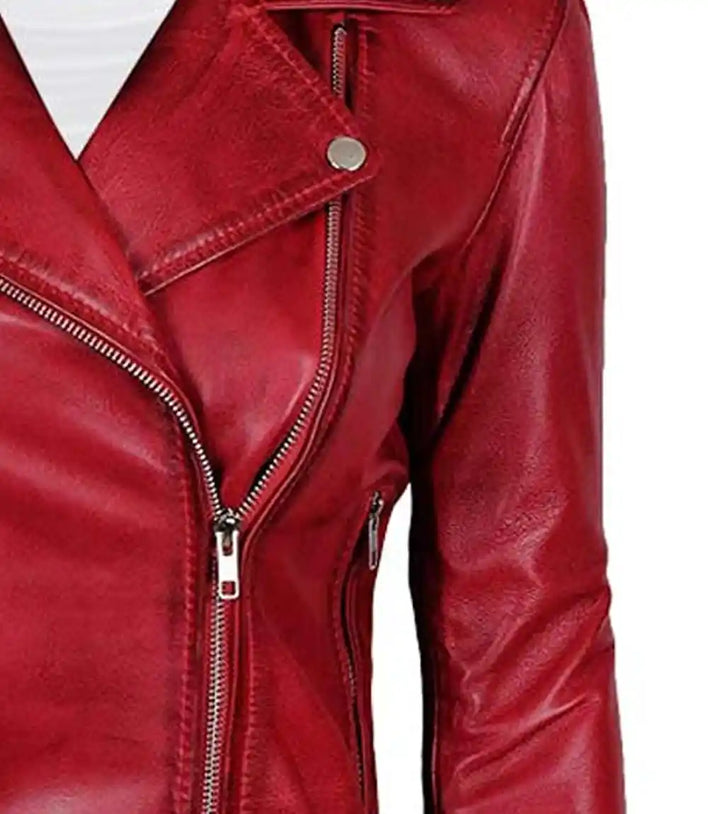Red Leather Biker Women Jacket 

