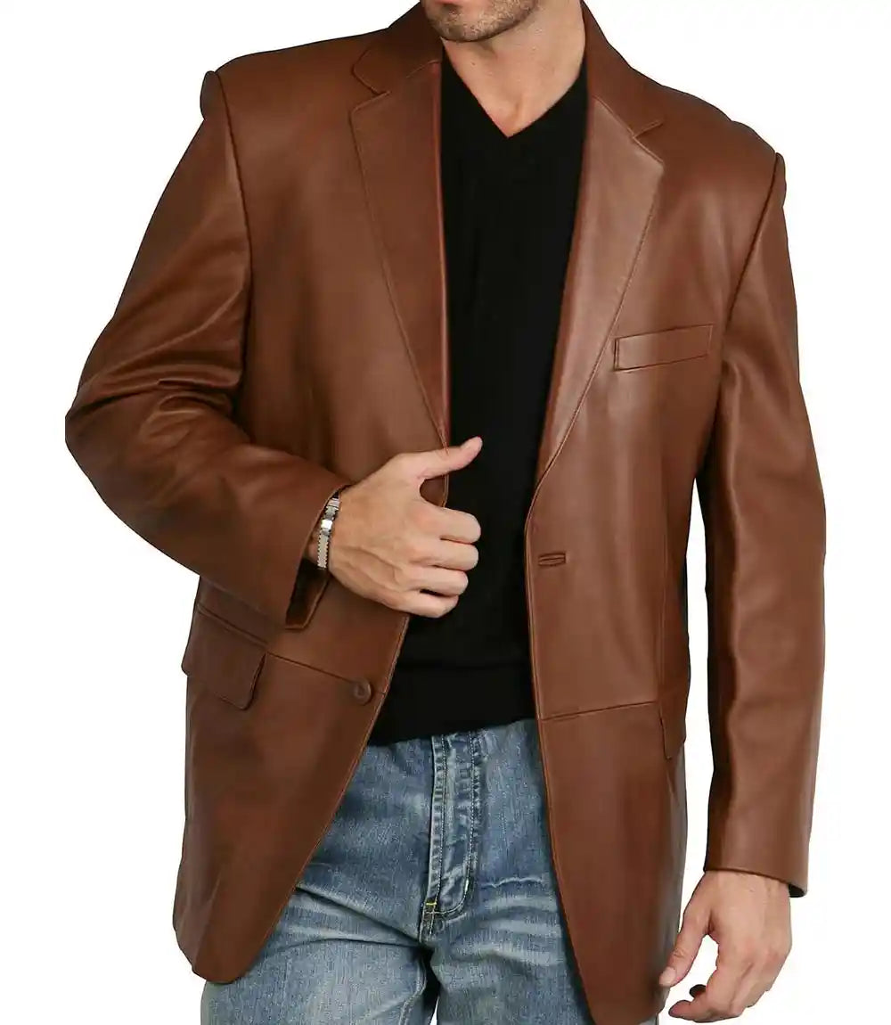 Brown Leather Blazer Mens Lambskin
