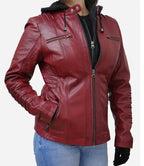 Distressed Red Women Hooded Jacket

