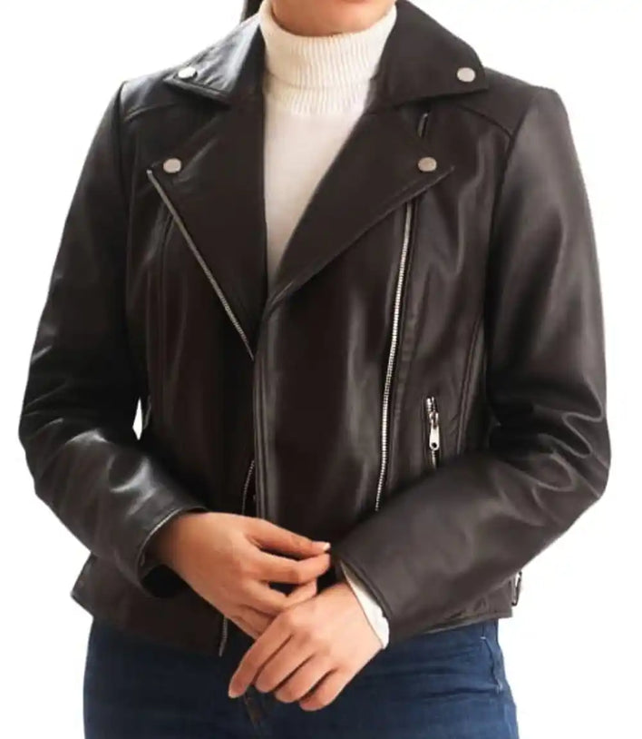 Women Motorcycle Leather Jacket Brown