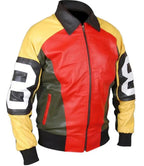 Colorful leather jacket with red, yellow, and black sections on a white background