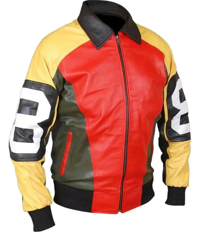 Colorful leather jacket with red, yellow, and black sections on a white background