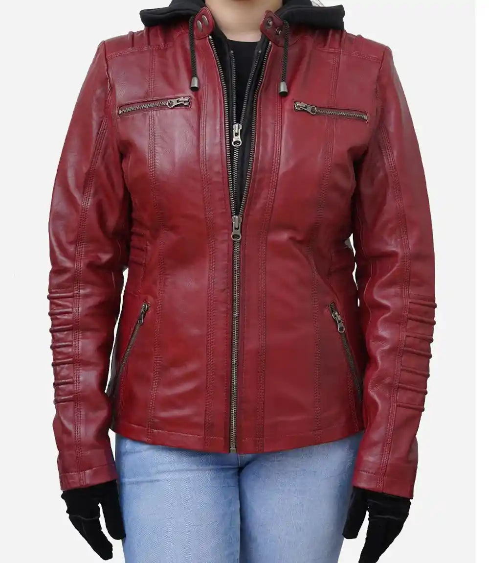 Distressed Red Women Hooded Leather Jacket

