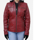 Distressed Red Women Hooded Leather Jacket

