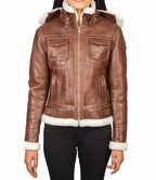 Distressed Brown Women Hooded Leather Jacket