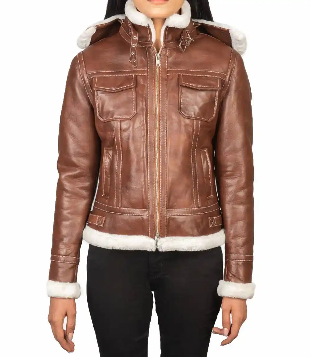Distressed Brown Women Hooded Leather Jacket