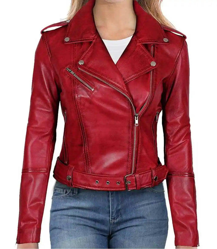 Red Leather Biker Jacket for Women

