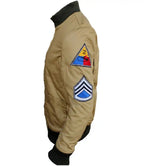 Khaki flight suit with patches on a white background