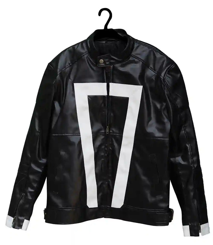 Black leather jacket with white geometric design on a hanger against a white background