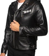 Black leather jacket with BSA logo on a white background
