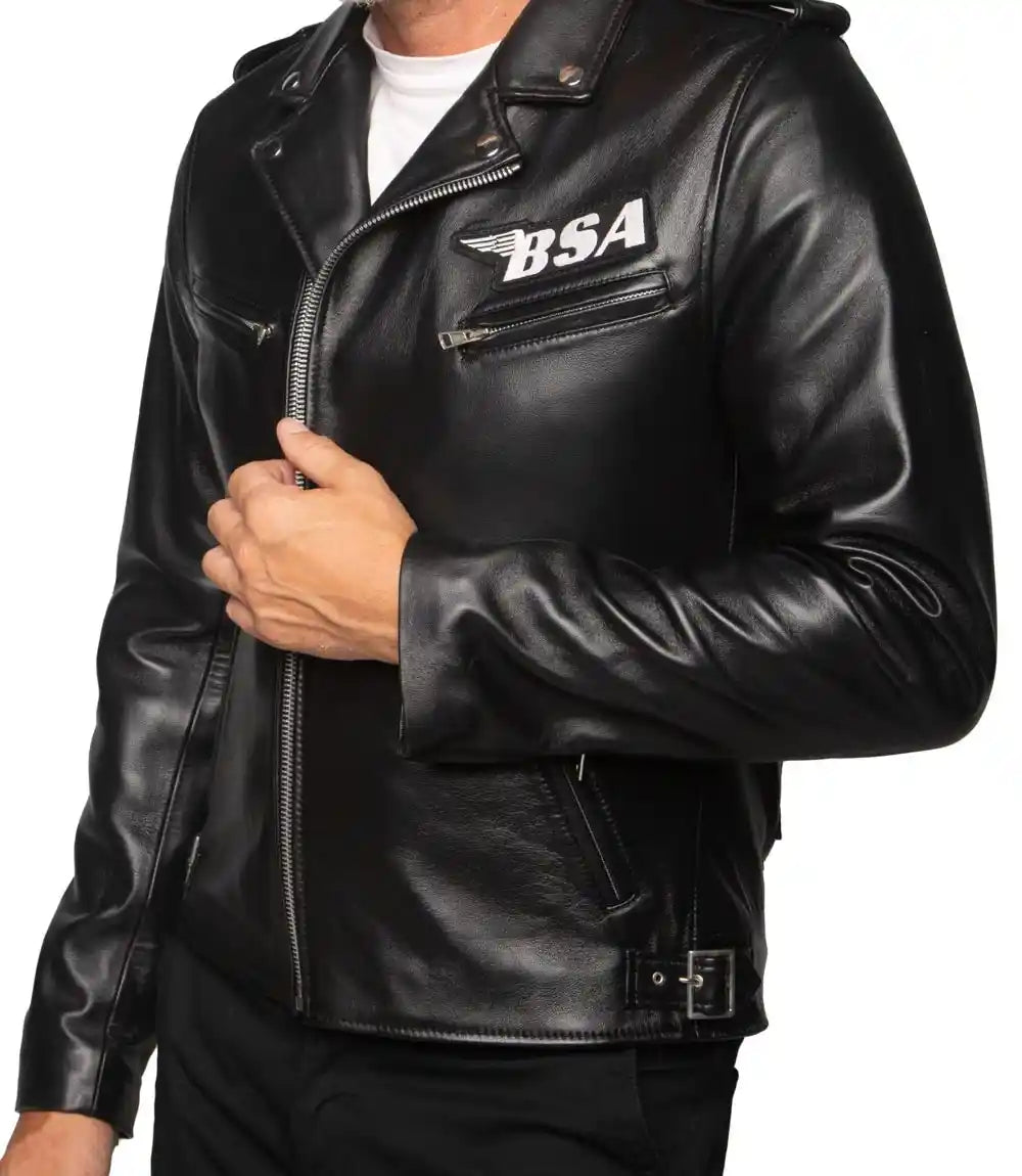 Black leather jacket with BSA logo on a white background