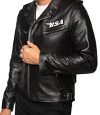 Black leather jacket with BSA logo on a white background