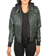 Green Hooded Leather Bomber Jacket

