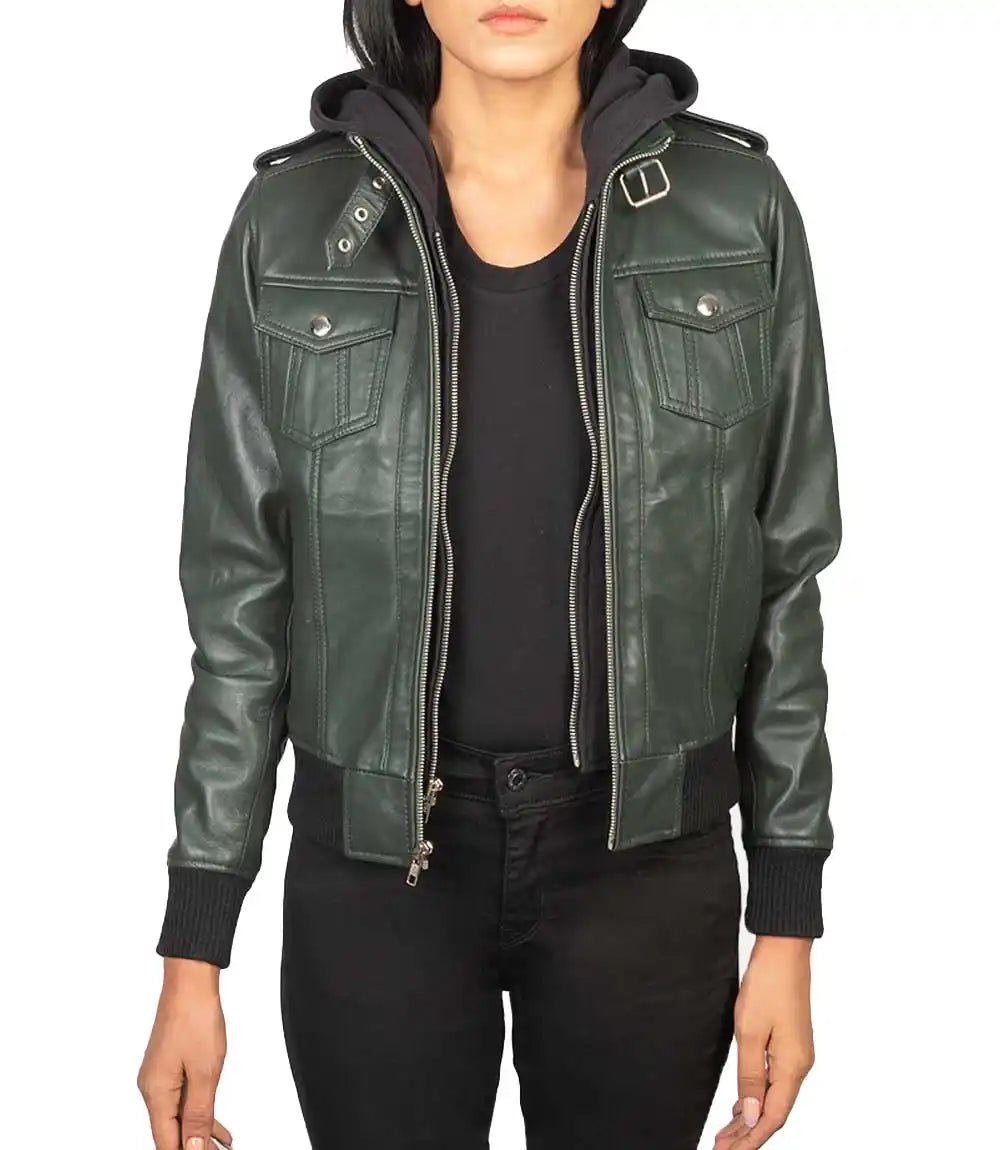 Green Hooded Leather Bomber Jacket

