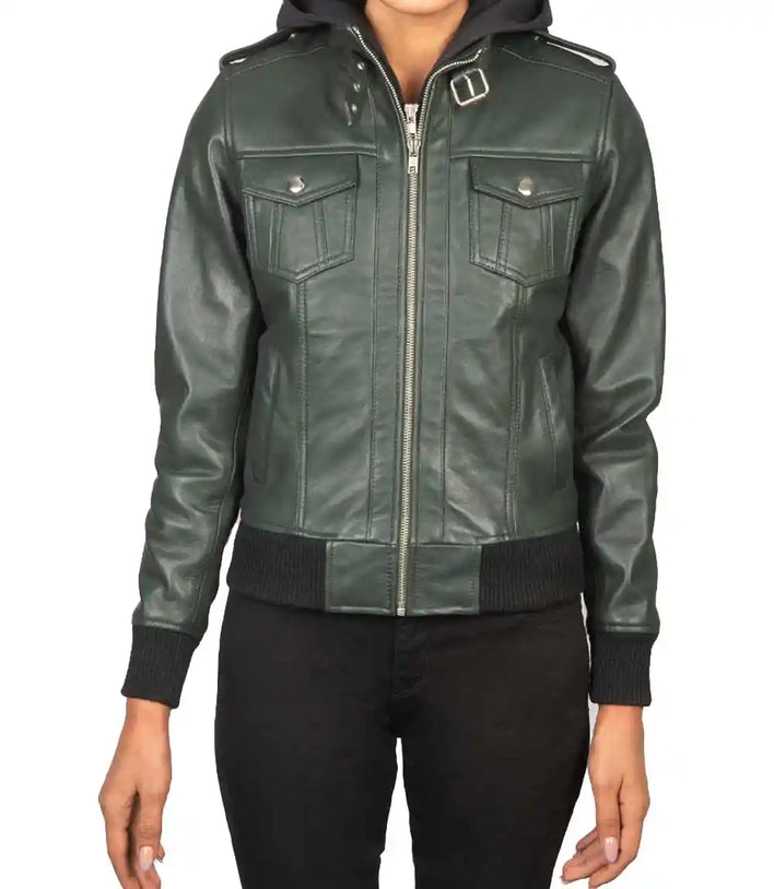 Green Hooded Leather Jacket

