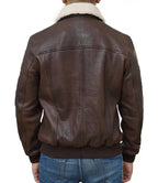 Brown leather jacket with white fur lining on a white background